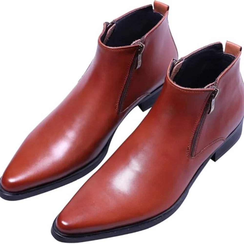 Santimon Men's US 8, 10 Brown Ankle Genuine Leather Zipper Pointed Toe Boots  Pl